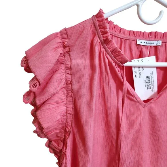 Staccato New Coral Pink Blouse Short Ruffled Sleeves Size L - Picture 2 of 15